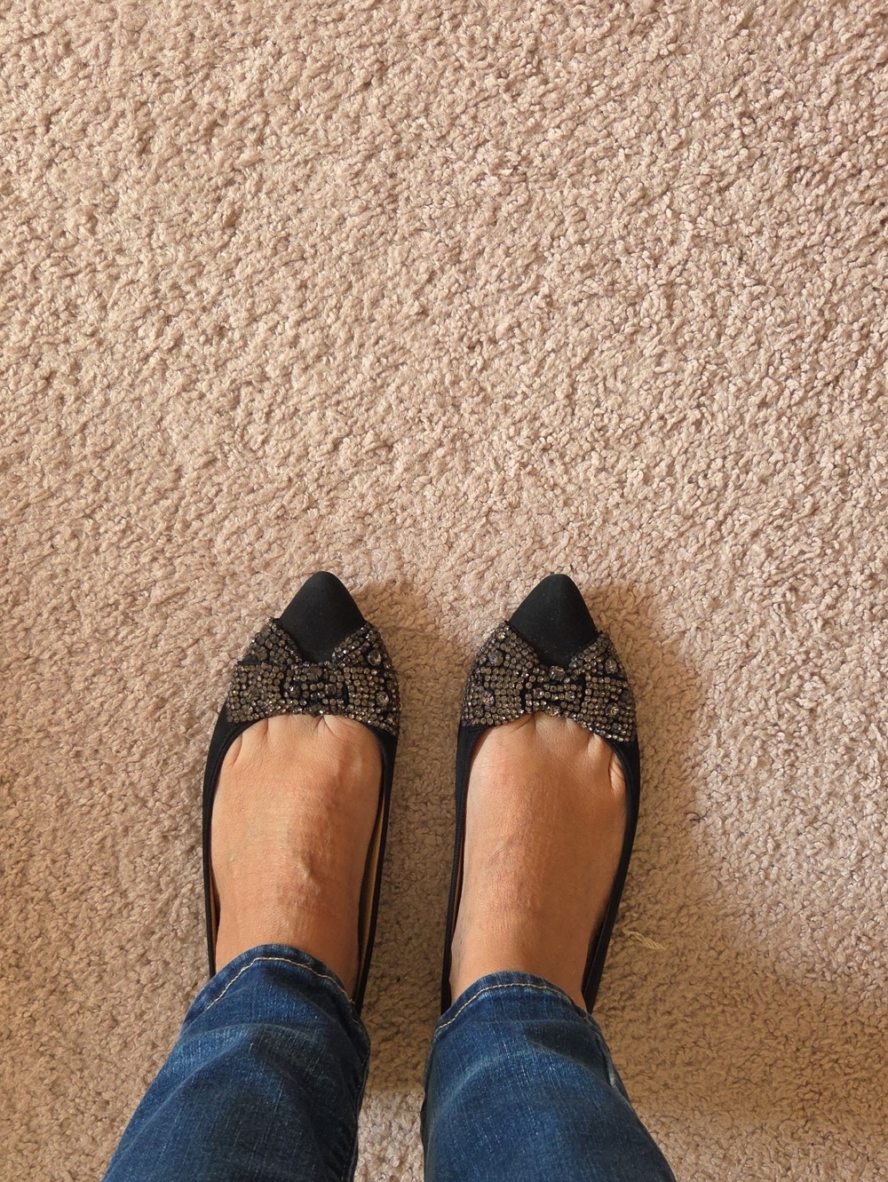 Tory Burch Black Pointed Toe Crystal Bow Flats